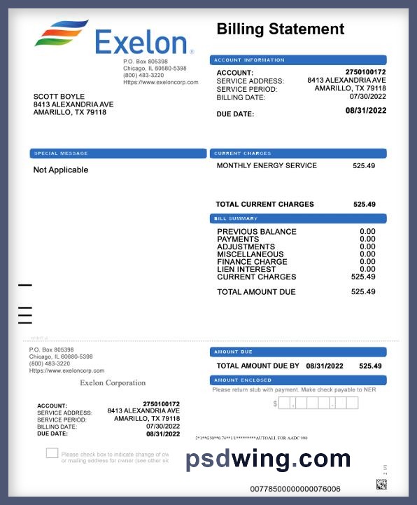 USA Texas Exelon Electricity Utility Bill
